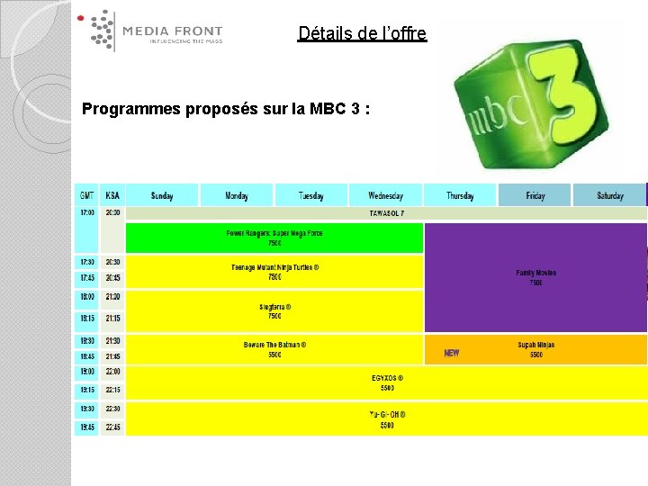 Détails de l’offre Programmes proposés sur la MBC 3 : 