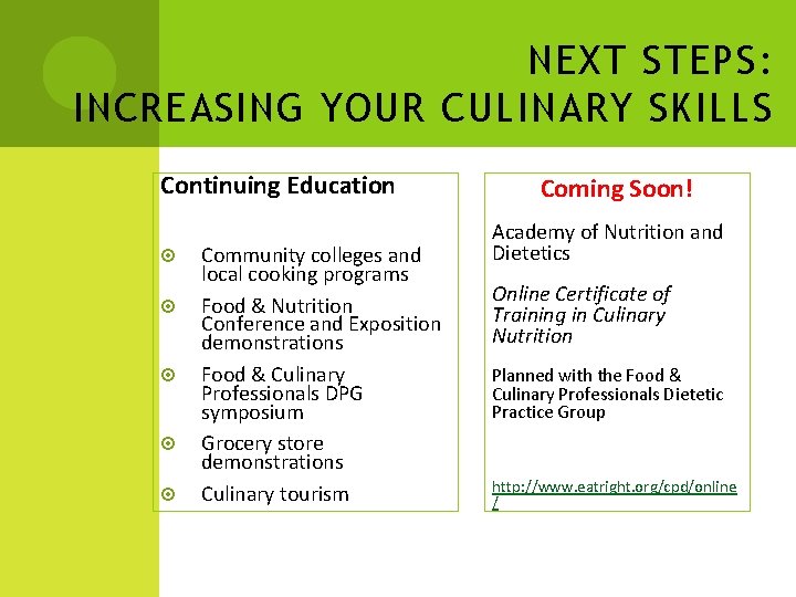 NEXT STEPS: INCREASING YOUR CULINARY SKILLS Continuing Education Community colleges and local cooking programs