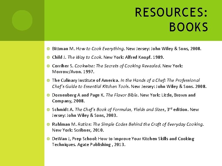 RESOURCES: BOOKS Bittman M. How to Cook Everything. New Jersey: John Wiley & Sons,