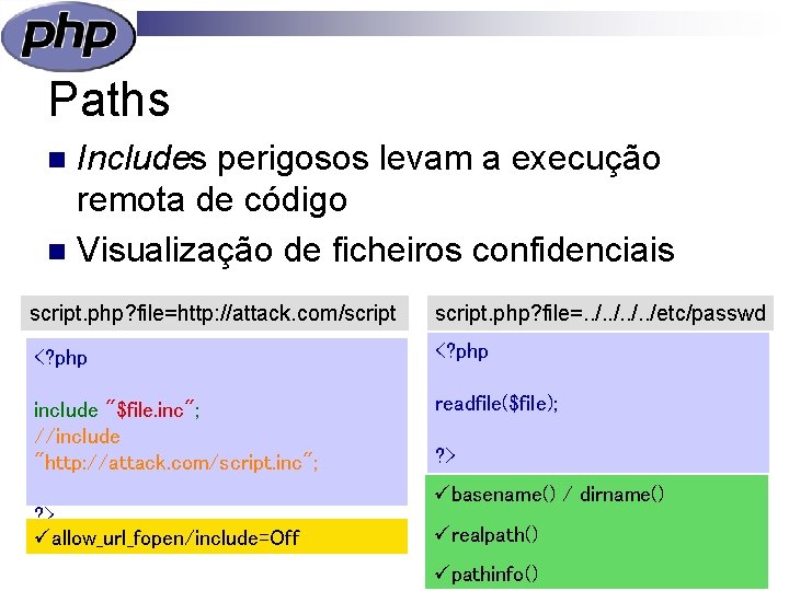 Paths Includes perigosos levam a execução remota de código n Visualização de ficheiros confidenciais