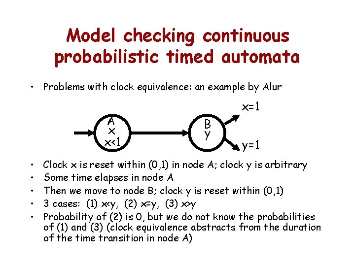 Model checking continuous probabilistic timed automata • Problems with clock equivalence: an example by