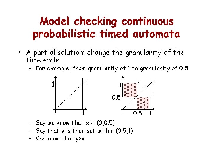 Model checking continuous probabilistic timed automata • A partial solution: change the granularity of