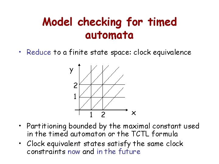 Model checking for timed automata • Reduce to a finite state space: clock equivalence