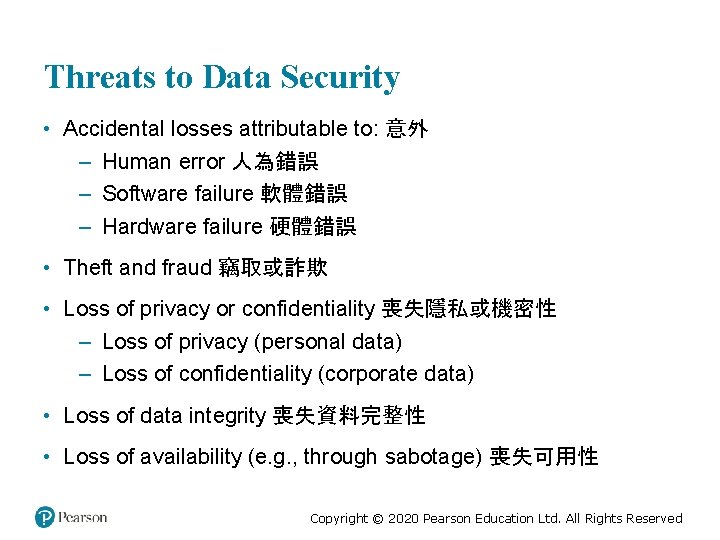 Threats to Data Security • Accidental losses attributable to: 意外 – Human error 人為錯誤