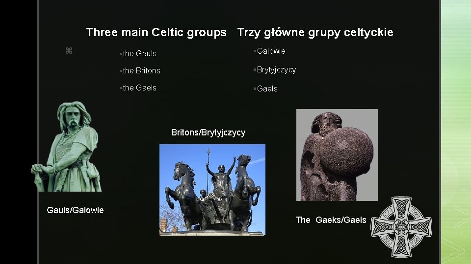 Three main Celtic groups Trzy główne grupy celtyckie z §the Gauls §Galowie §the Britons