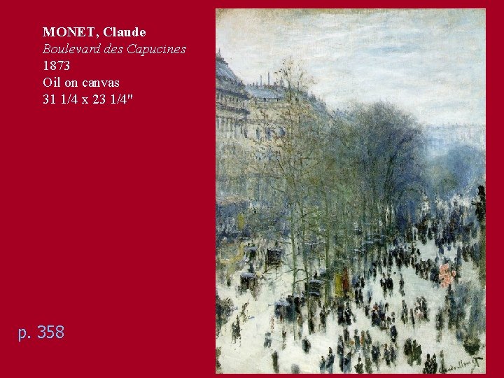 MONET, Claude Boulevard des Capucines 1873 Oil on canvas 31 1/4 x 23 1/4"