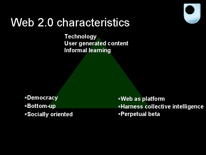 Web 2. 0 characteristics Technology User generated content Informal learning §Democracy §Bottom-up §Socially oriented