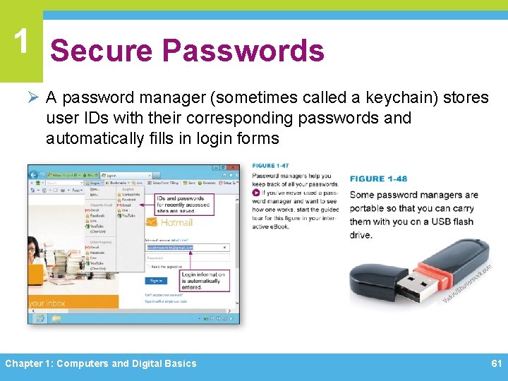 1 Secure Passwords Ø A password manager (sometimes called a keychain) stores user IDs