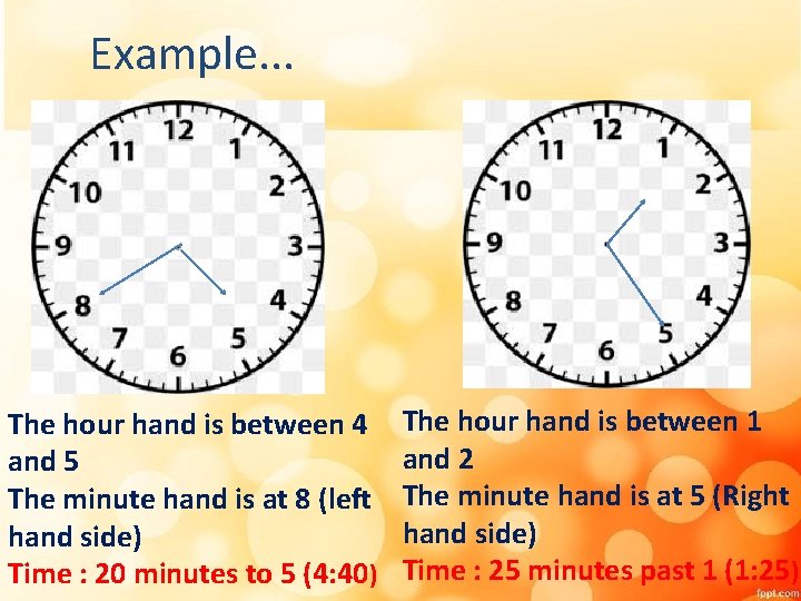 Example. . . The hour hand is between 4 and 5 The minute hand Example. . . The hour hand is between 4 and 5 The minute hand