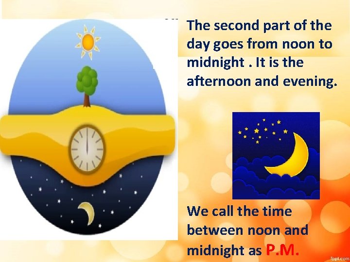 The second part of the day goes from noon to midnight. It is the The second part of the day goes from noon to midnight. It is the