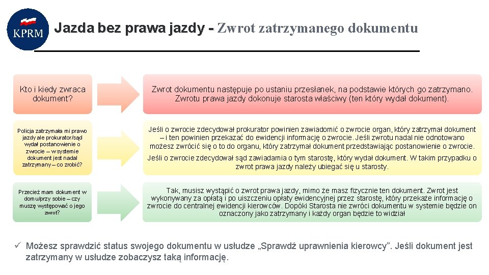 Jazda bez prawa jazdy - Zwrot zatrzymanego dokumentu Kto i kiedy zwraca dokument? Zwrot