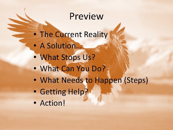 Preview • • The Current Reality A Solution… What Stops Us? What Can You