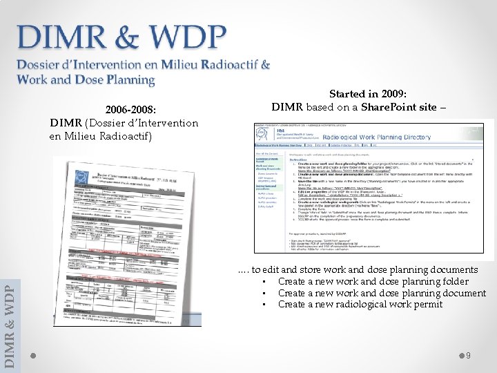 DIMR & WDP 2006 -2008: DIMR (Dossier d’Intervention en Milieu Radioactif) Started in 2009: