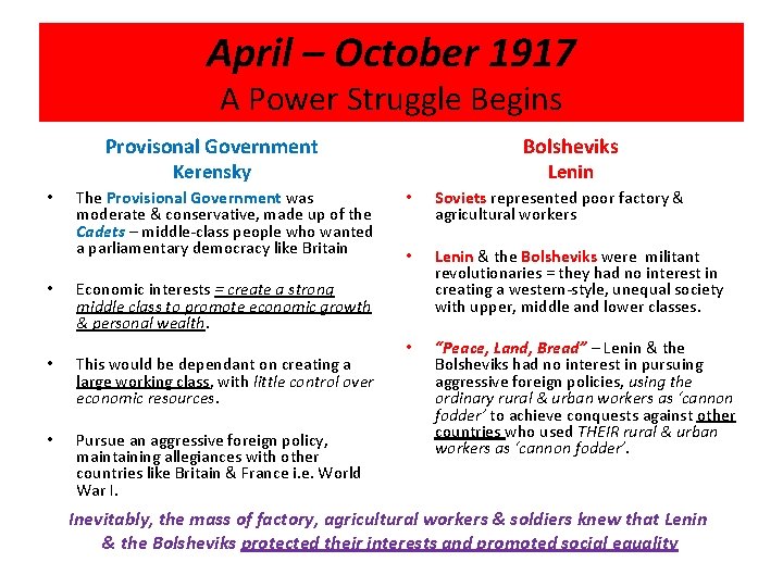 April – October 1917 A Power Struggle Begins Provisonal Government Bolsheviks Kerensky • •