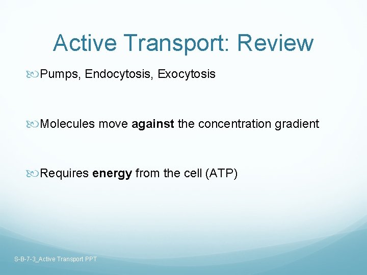 Active Transport: Review Pumps, Endocytosis, Exocytosis Molecules move against the concentration gradient Requires energy