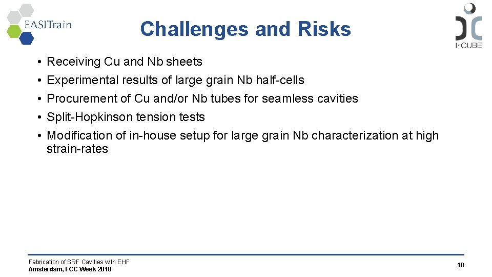 Challenges and Risks • • • Receiving Cu and Nb sheets Experimental results of