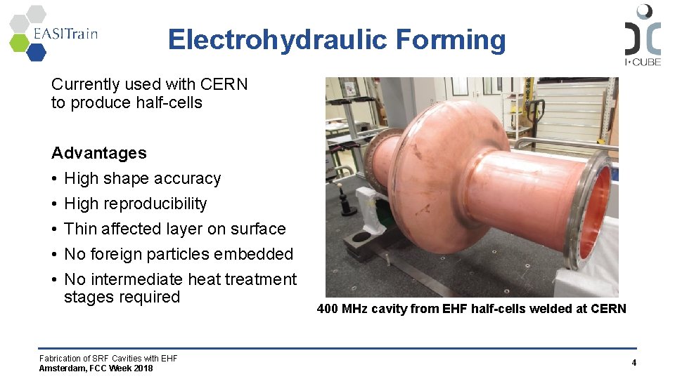 Electrohydraulic Forming Currently used with CERN to produce half-cells Advantages • High shape accuracy