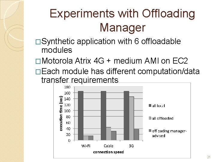 Experiments with Offloading Manager �Synthetic application with 6 offloadable modules �Motorola Atrix 4 G