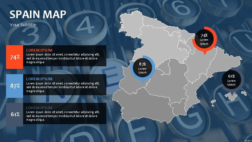 SPAIN MAP Your Subtitle 74% Lorem Ipsum 74% LOREM IPSUM Lorem ipsum dolor sit