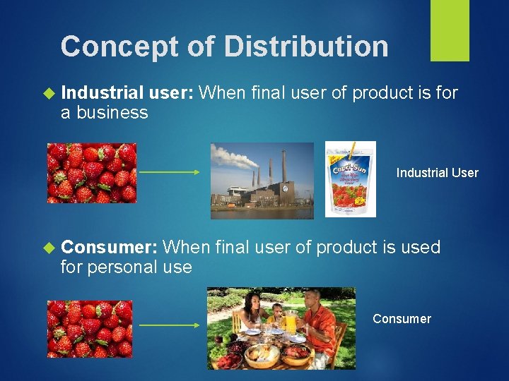 Concept of Distribution Industrial user: When final user of product is for a business