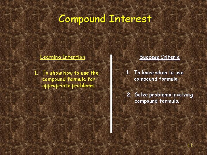 Compound Interest Learning Intention 1. To show to use the compound formula for appropriate