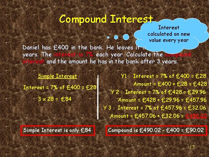 Compound Interest calculated on new value every year Daniel has £ 400 in the