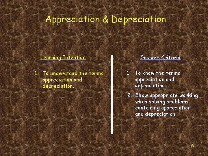 Appreciation & Depreciation Learning Intention 1. To understand the terms appreciation and depreciation. Success