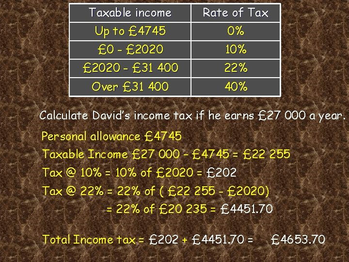 Taxable income Rate of Tax Income Tax 0% Up to £ 4745 £ 0