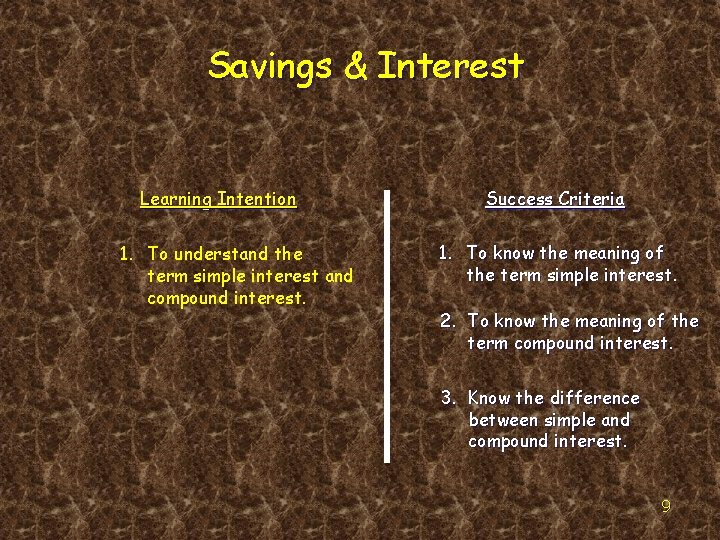 Savings & Interest Learning Intention 1. To understand the term simple interest and compound