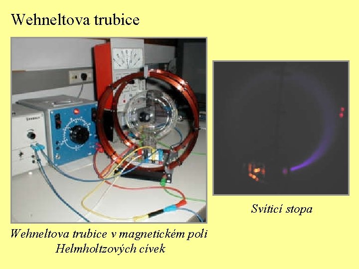 Wehneltova trubice Svíticí stopa Wehneltova trubice v magnetickém poli Helmholtzových cívek 