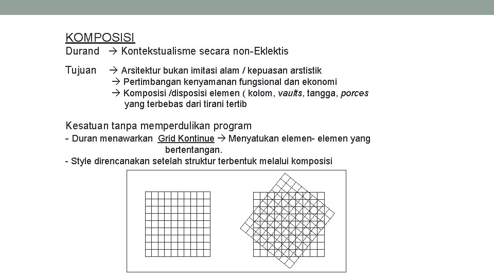 KOMPOSISI Durand Kontekstualisme secara non-Eklektis Tujuan Arsitektur bukan imitasi alam / kepuasan arstistik Pertimbangan