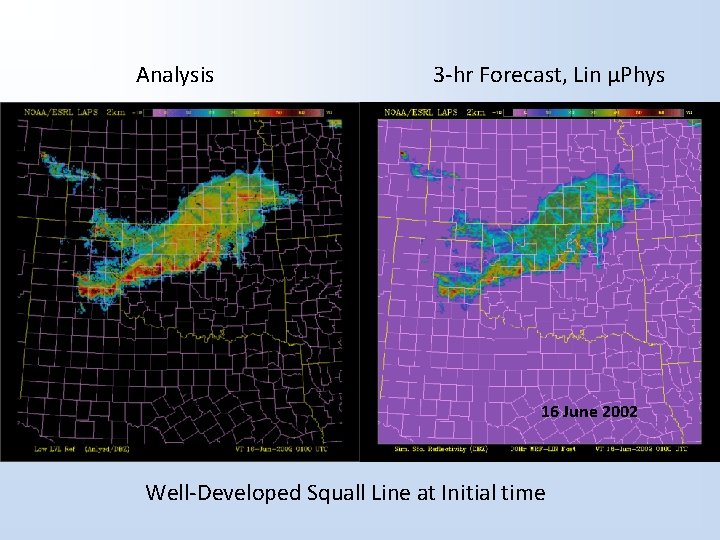 Analysis 3 -hr Forecast, Lin μPhys 16 June 2002 Well-Developed Squall Line at Initial