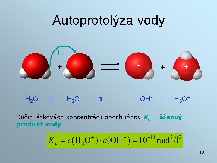 Autoprotolýza vody H+ - + H 2 O OH- + + + H 3