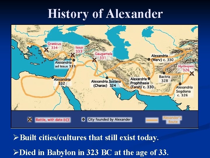 History of Alexander ØBuilt cities/cultures that still exist today. ØDied in Babylon in 323