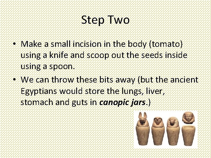 Step Two • Make a small incision in the body (tomato) using a knife