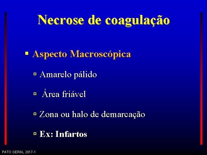 Necrose de coagulação Aspecto Macroscópica Amarelo pálido Área friável Zona ou halo de demarcação