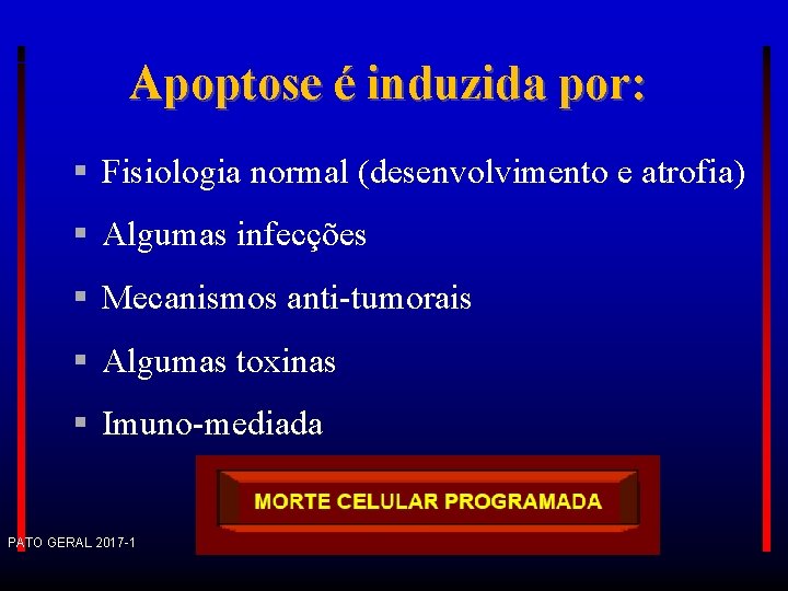 Apoptose é induzida por: Fisiologia normal (desenvolvimento e atrofia) Algumas infecções Mecanismos anti-tumorais Algumas