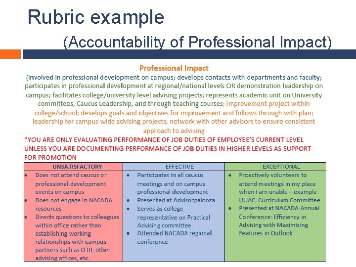 Rubric example (Accountability of Professional Impact) 
