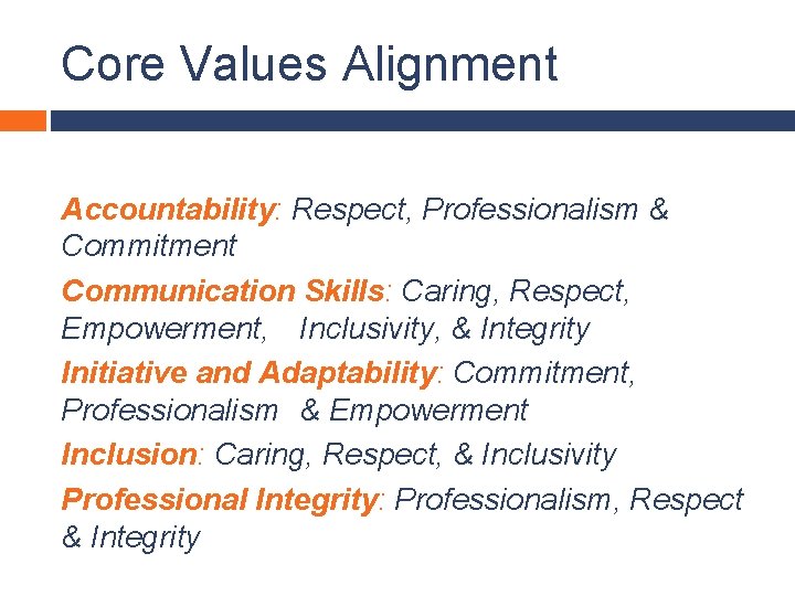 Core Values Alignment Accountability: Respect, Professionalism & Commitment Communication Skills: Caring, Respect, Empowerment, Inclusivity,