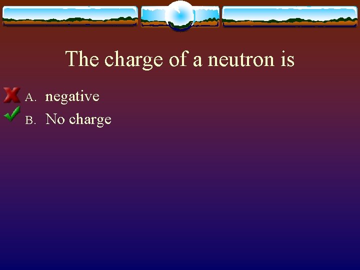 The charge of a neutron is A. B. negative No charge 