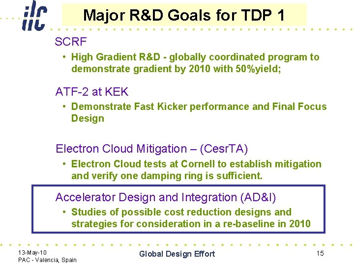 Major R&D Goals for TDP 1 SCRF • High Gradient R&D - globally coordinated