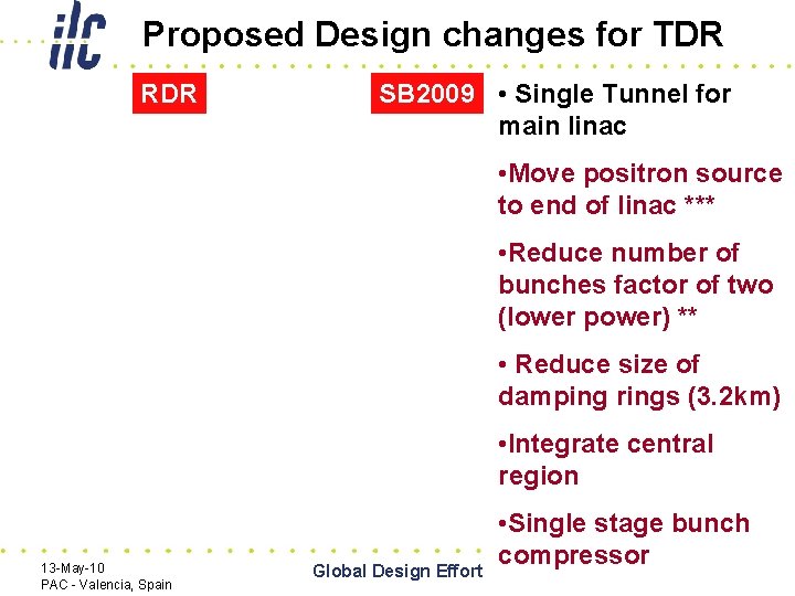 Proposed Design changes for TDR RDR SB 2009 • Single Tunnel for main linac