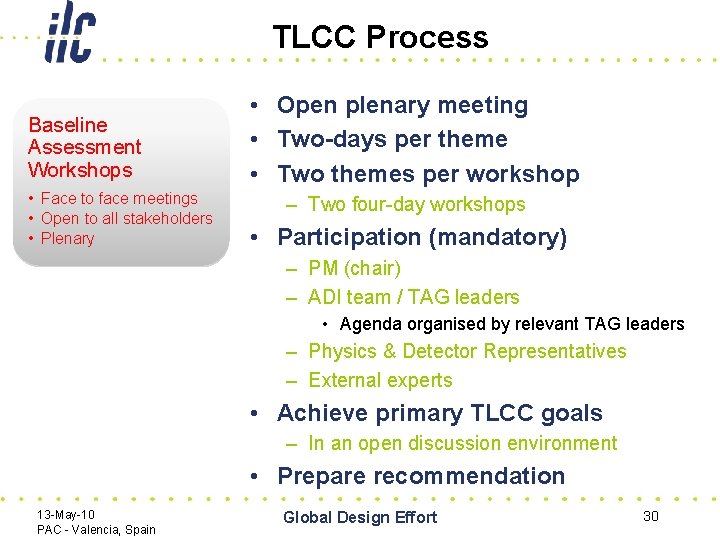 TLCC Process Baseline Assessment Workshops • Face to face meetings • Open to all