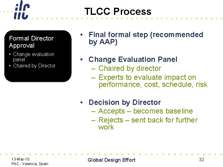 TLCC Process Formal Director Approval • Change evaluation panel • Chaired by Director •
