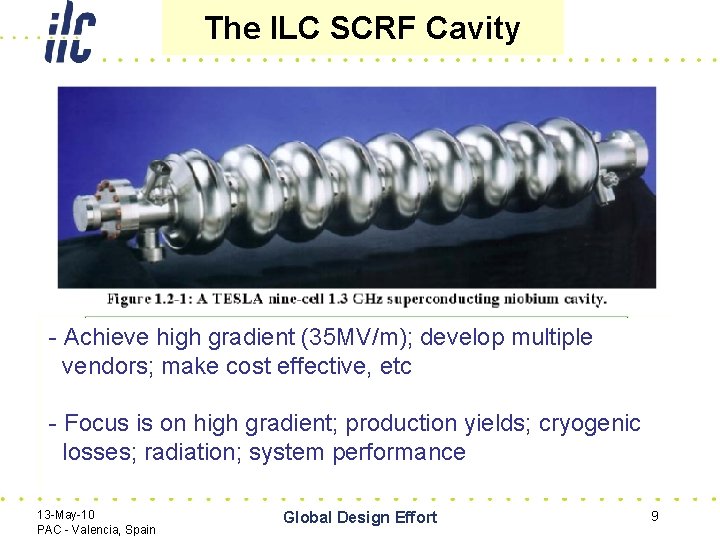 The ILC SCRF Cavity - Achieve high gradient (35 MV/m); develop multiple vendors; make