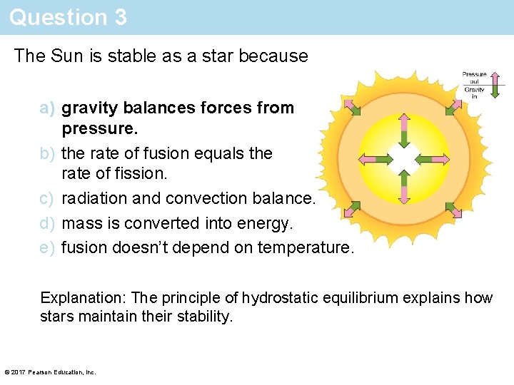 Question 3 The Sun is stable as a star because a) gravity balances forces