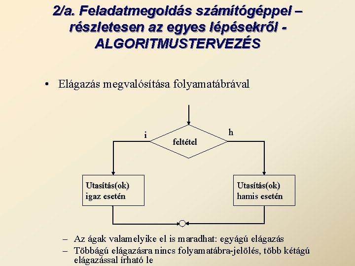 2/a. Feladatmegoldás számítógéppel – részletesen az egyes lépésekről ALGORITMUSTERVEZÉS • Elágazás megvalósítása folyamatábrával i