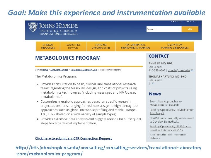 Goal: Make this experience and instrumentation available http: //ictr. johnshopkins. edu/consulting-services/translational-laboratory -core/metabolomics-program/ 