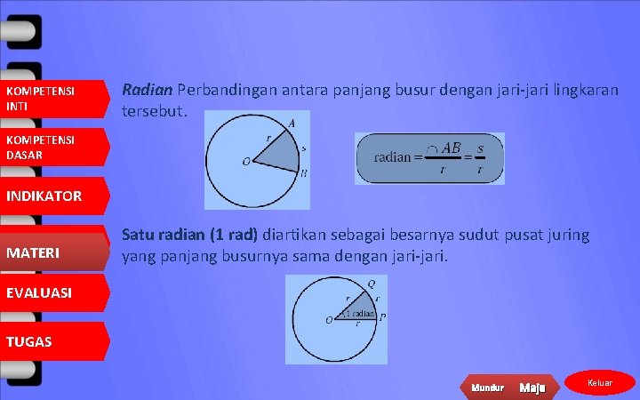 KOMPETENSI INTI Radian Perbandingan antara panjang busur dengan jari-jari lingkaran tersebut. KOMPETENSI DASAR INDIKATOR
