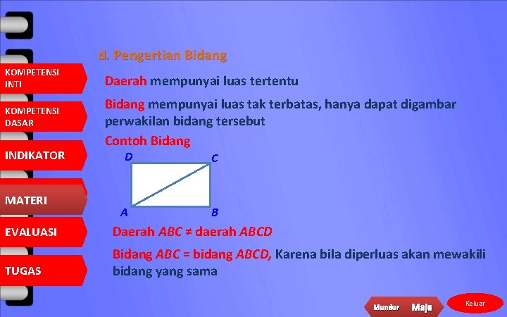 d. Pengertian Bidang KOMPETENSI INTI KOMPETENSI DASAR INDIKATOR MATERI Daerah mempunyai luas tertentu Bidang